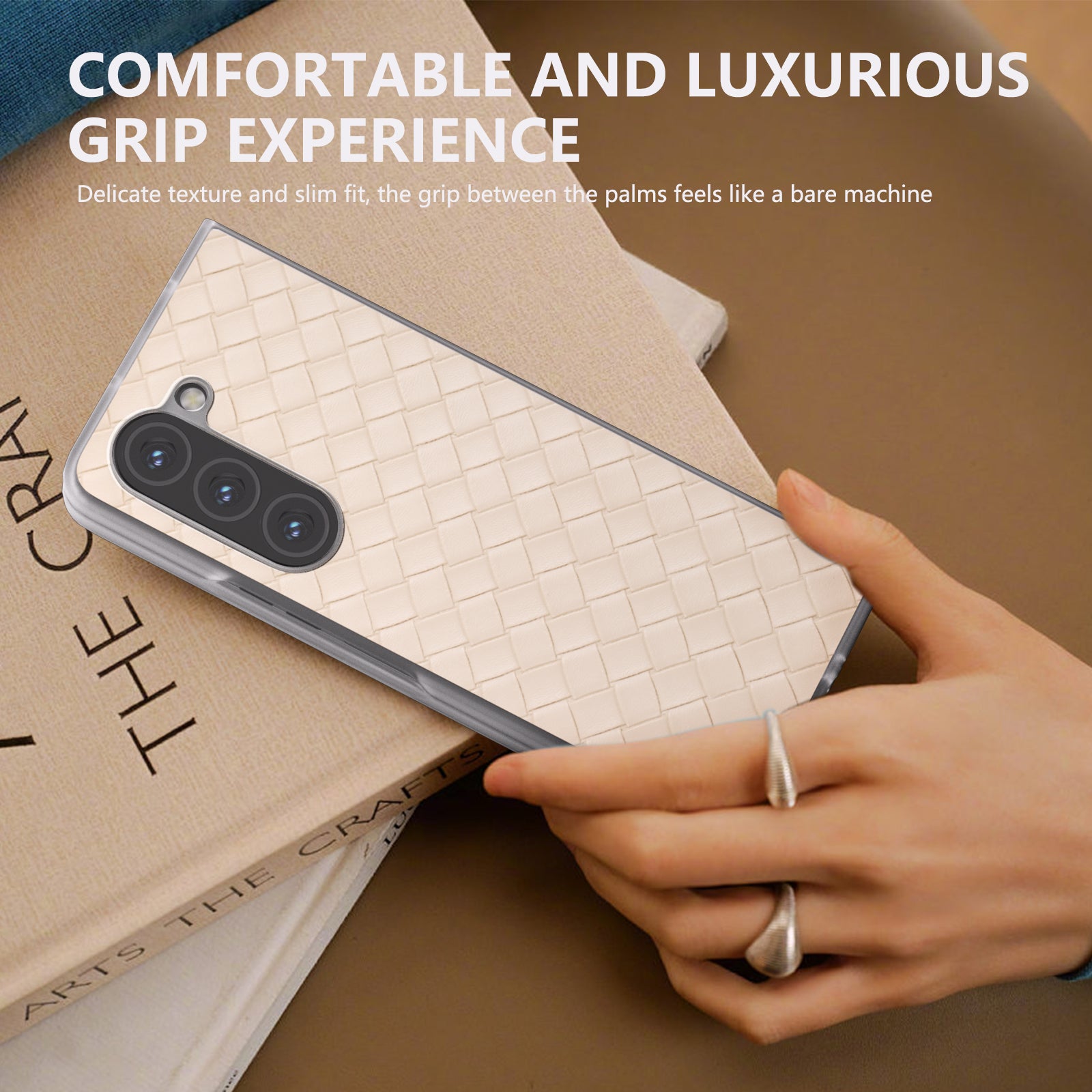 For Samsung Galaxy Z Fold6 5G Case Woven Texture Frosted Frame PU Leather Phone Cover - Beige