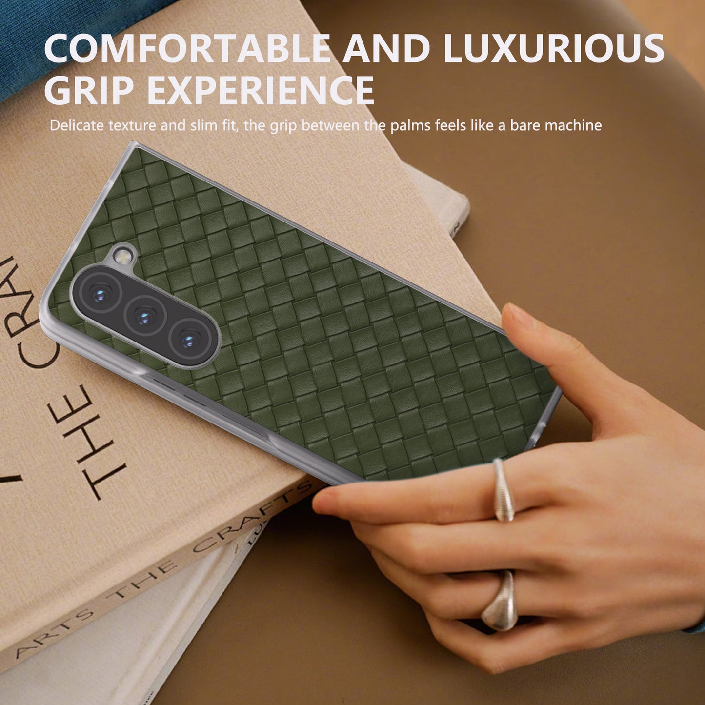 For Samsung Galaxy Z Fold6 5G Case Woven Texture Frosted Frame PU Leather Phone Cover - Green