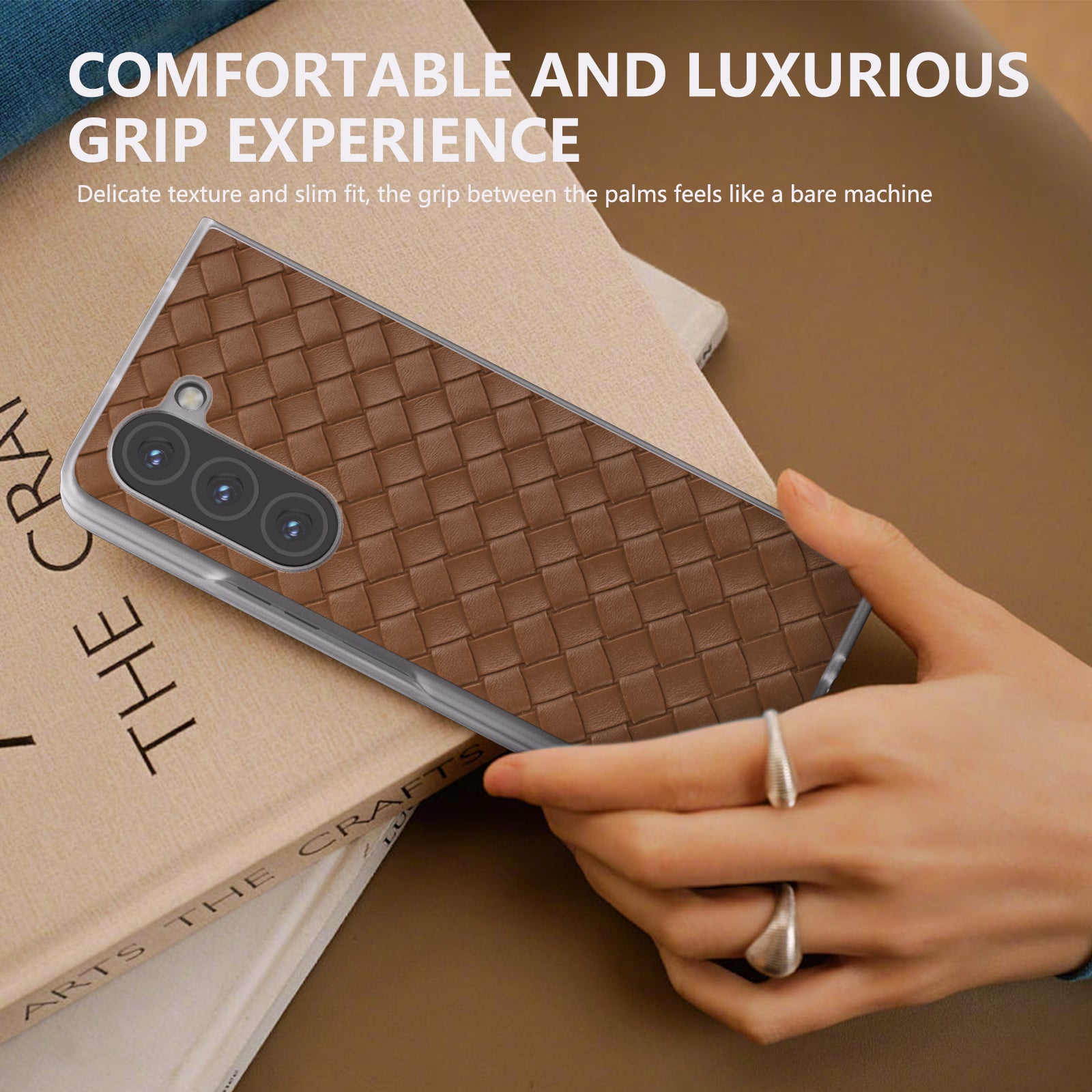 For Samsung Galaxy Z Fold6 5G Case Woven Texture Frosted Frame PU Leather Phone Cover - Brown
