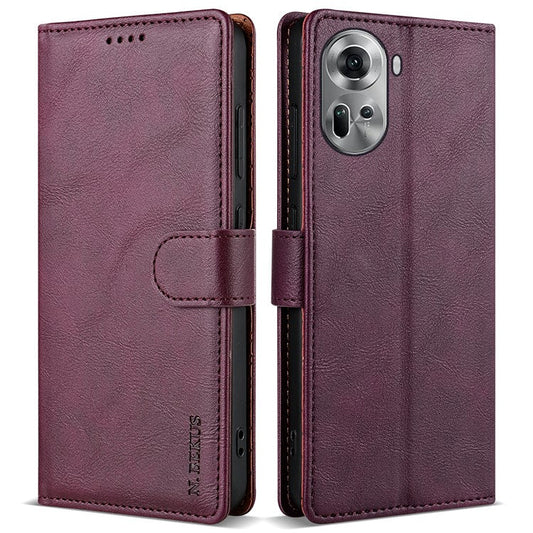 N.BEKUS CSJ-001 For Oppo Reno11 5G (Global) Leather Case Solid Color Shockproof Wallet Phone Cover - Wine Red