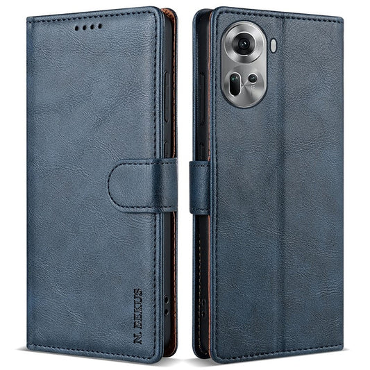 N.BEKUS CSJ-001 For Oppo Reno11 5G (Global) Leather Case Solid Color Shockproof Wallet Phone Cover - Blue