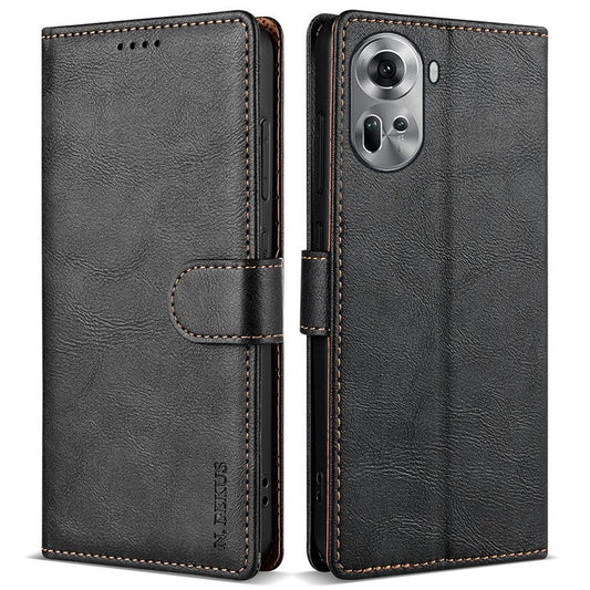 N.BEKUS CSJ-001 For Oppo Reno11 5G (Global) Leather Case Solid Color Shockproof Wallet Phone Cover - Black