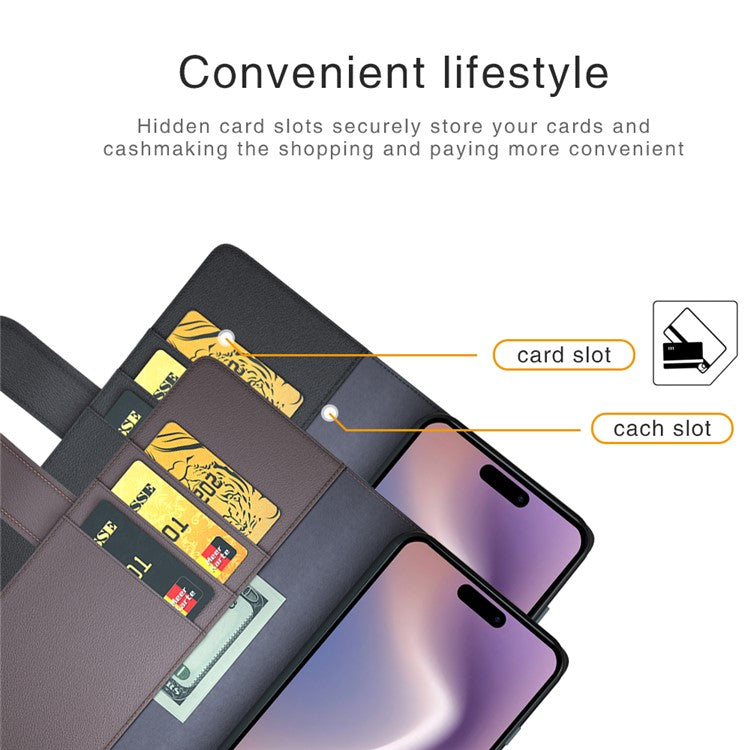 For iPhone 16 Pro Case Wallet Folding Stand Genuine Split Leather Phone Cover - Brown