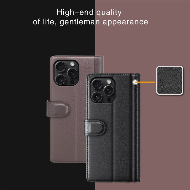For iPhone 16 Pro Case Wallet Folding Stand Genuine Split Leather Phone Cover - Brown