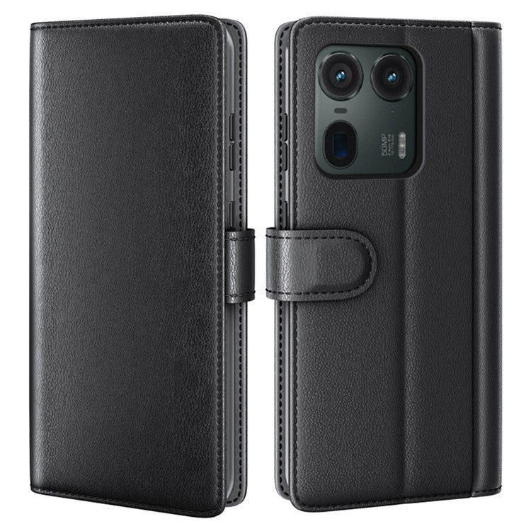 For Motorola Edge 50 Ultra 5G / Moto X50 Ultra 5G Case Genuine Split Leather Wallet Protective Phone Cover - Black