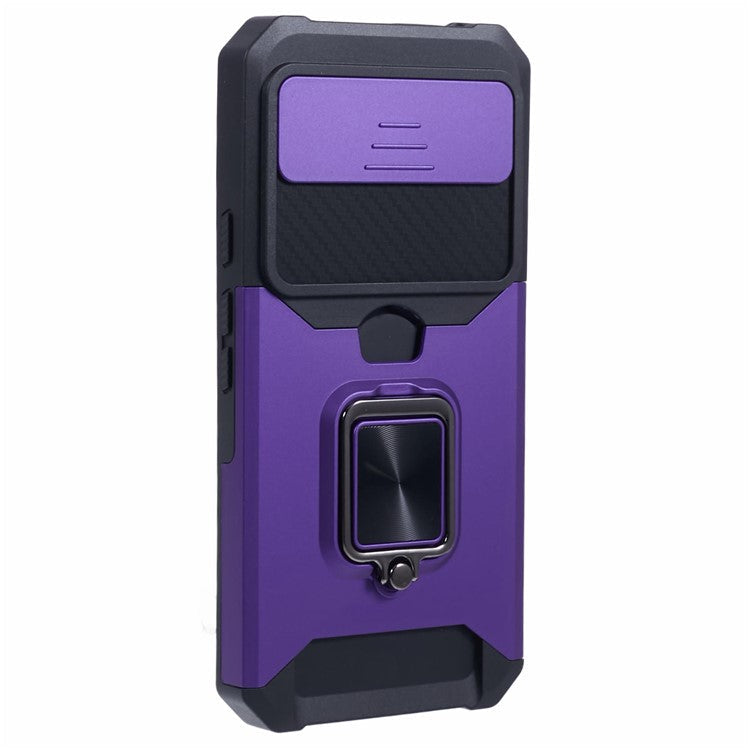 For Google Pixel 9 Pro XL Kickstand Case Slide Lens Lid PC+TPU Phone Cover with Card Holder - Purple