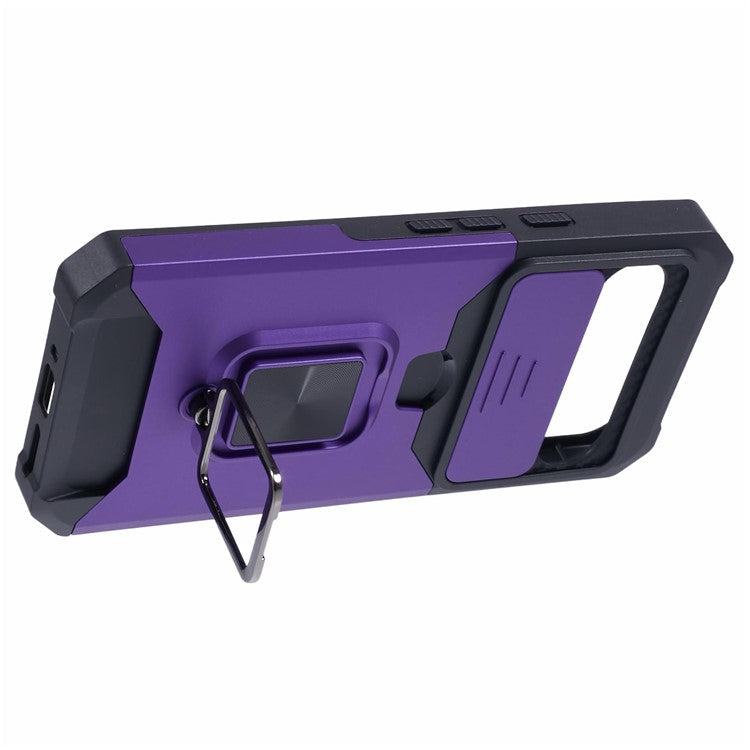 For Google Pixel 9 Pro XL Kickstand Case Slide Lens Lid PC+TPU Phone Cover with Card Holder - Purple