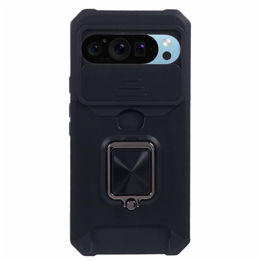 For Google Pixel 9 Pro XL Kickstand Case Slide Lens Lid PC+TPU Phone Cover with Card Holder - Black