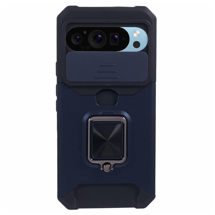 For Google Pixel 9 Pro XL Kickstand Case Slide Lens Lid PC+TPU Phone Cover with Card Holder - Navy Blue