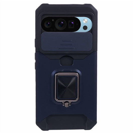 For Google Pixel 9 Pro XL Kickstand Case Slide Lens Lid PC+TPU Phone Cover with Card Holder - Navy Blue