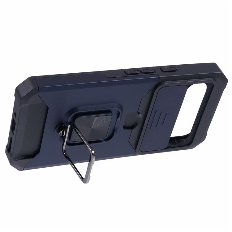 For Google Pixel 9 Pro XL Kickstand Case Slide Lens Lid PC+TPU Phone Cover with Card Holder - Navy Blue