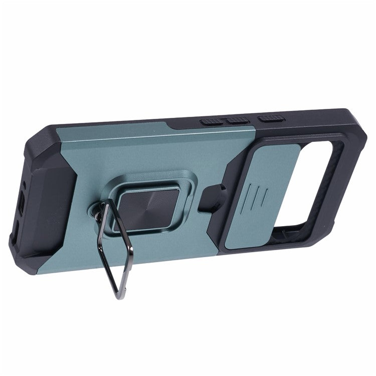 For Google Pixel 9 Pro XL Kickstand Case Slide Lens Lid PC+TPU Phone Cover with Card Holder - Blackish Green