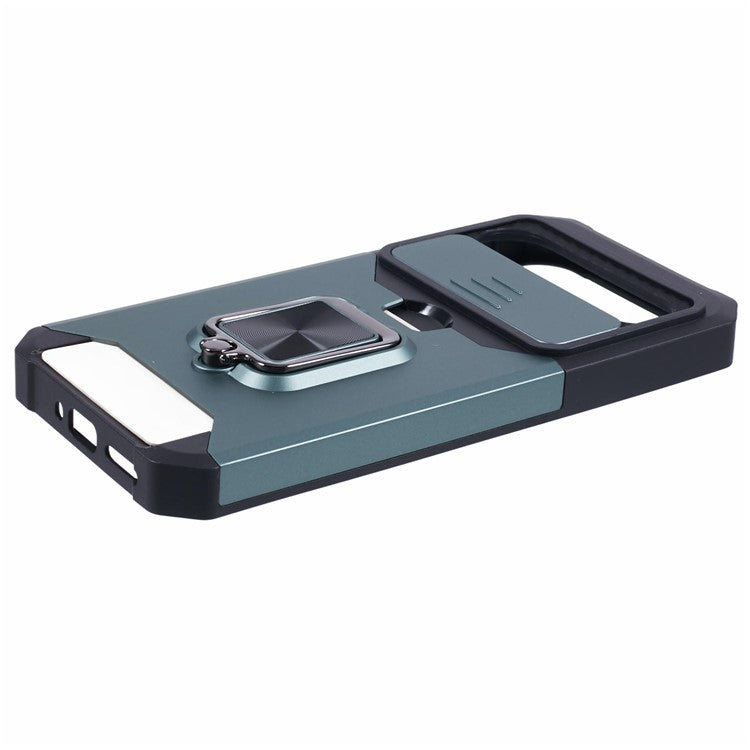 For Google Pixel 9 Pro XL Kickstand Case Slide Lens Lid PC+TPU Phone Cover with Card Holder - Blackish Green
