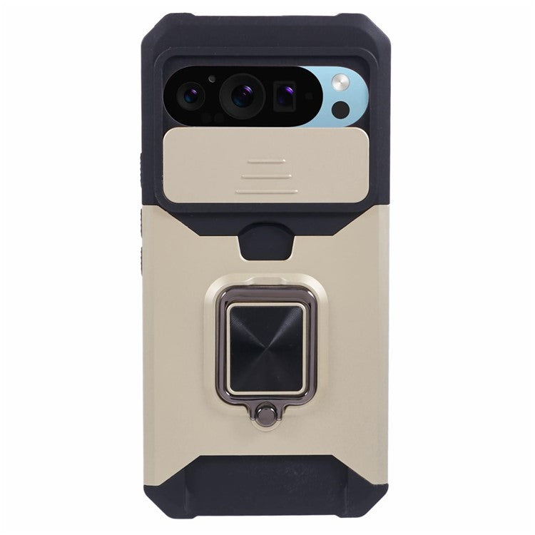 For Google Pixel 9 Pro XL Kickstand Case Slide Lens Lid PC+TPU Phone Cover with Card Holder - Gold