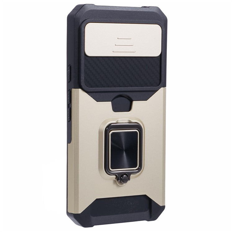 For Google Pixel 9 Pro XL Kickstand Case Slide Lens Lid PC+TPU Phone Cover with Card Holder - Gold