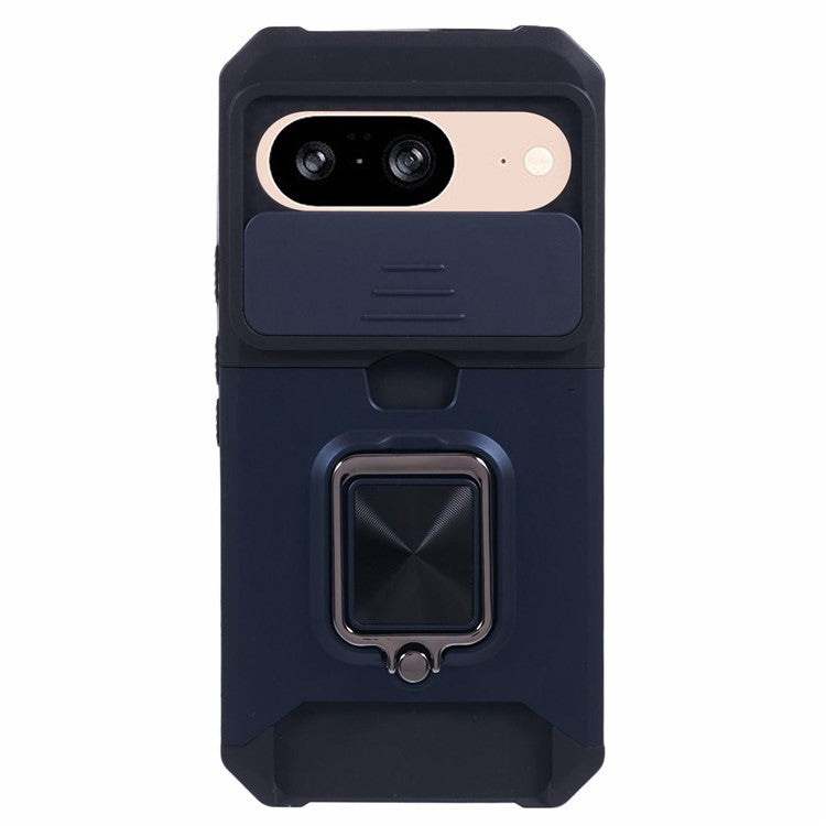 For Google Pixel 9 / Pixel 9 Pro Case Card Holder PC+TPU Kickstand Phone Cover with Lens Protection - Navy Blue