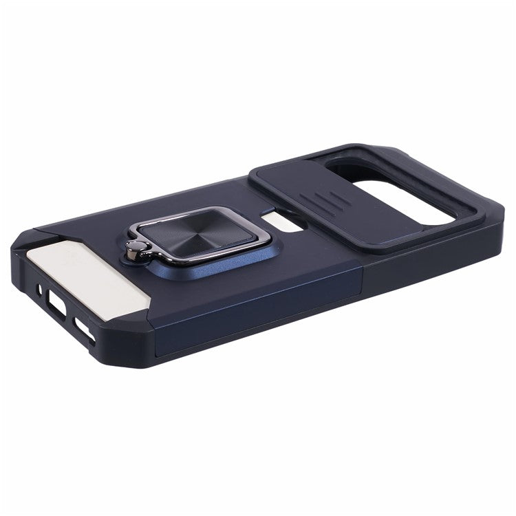 For Google Pixel 9 / Pixel 9 Pro Case Card Holder PC+TPU Kickstand Phone Cover with Lens Protection - Navy Blue