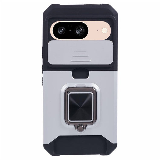 For Google Pixel 9 / Pixel 9 Pro Case Card Holder PC+TPU Kickstand Phone Cover with Lens Protection - Silver