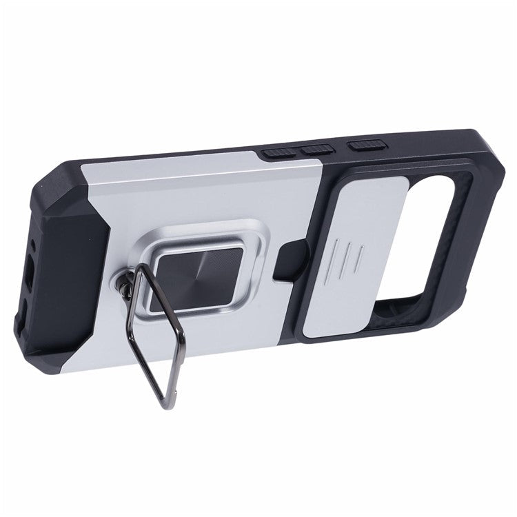 For Google Pixel 9 / Pixel 9 Pro Case Card Holder PC+TPU Kickstand Phone Cover with Lens Protection - Silver