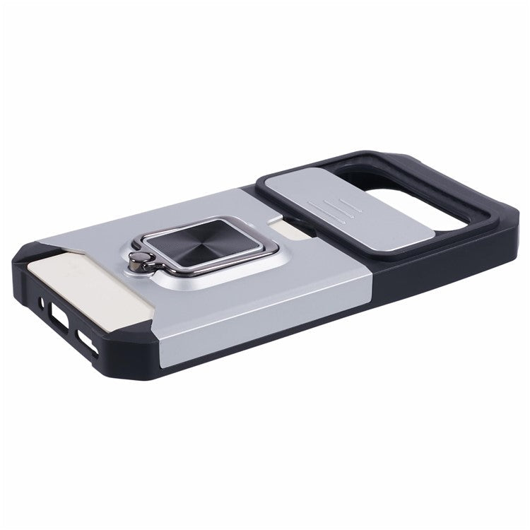 For Google Pixel 9 / Pixel 9 Pro Case Card Holder PC+TPU Kickstand Phone Cover with Lens Protection - Silver