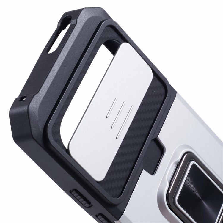 For Google Pixel 9 / Pixel 9 Pro Case Card Holder PC+TPU Kickstand Phone Cover with Lens Protection - Silver