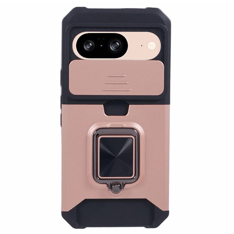 For Google Pixel 9 / Pixel 9 Pro Case Card Holder PC+TPU Kickstand Phone Cover with Lens Protection - Rose Gold