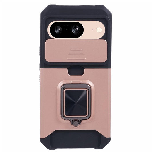 For Google Pixel 9 / Pixel 9 Pro Case Card Holder PC+TPU Kickstand Phone Cover with Lens Protection - Rose Gold