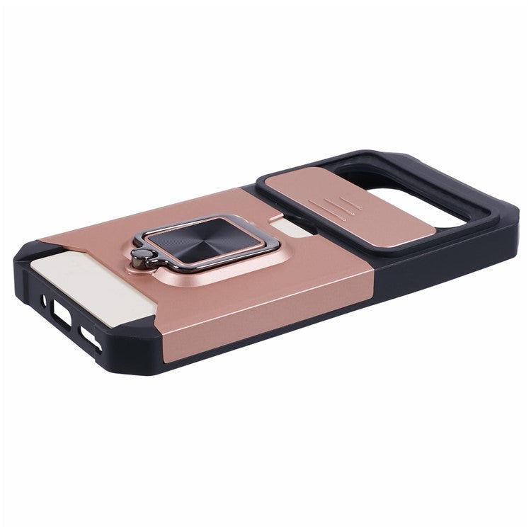 For Google Pixel 9 / Pixel 9 Pro Case Card Holder PC+TPU Kickstand Phone Cover with Lens Protection - Rose Gold