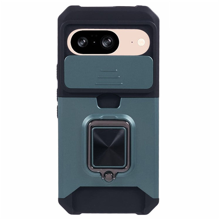 For Google Pixel 9 / Pixel 9 Pro Case Card Holder PC+TPU Kickstand Phone Cover with Lens Protection - Blackish Green
