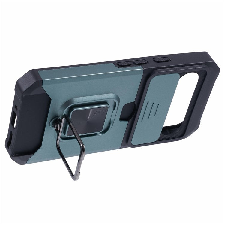 For Google Pixel 9 / Pixel 9 Pro Case Card Holder PC+TPU Kickstand Phone Cover with Lens Protection - Blackish Green