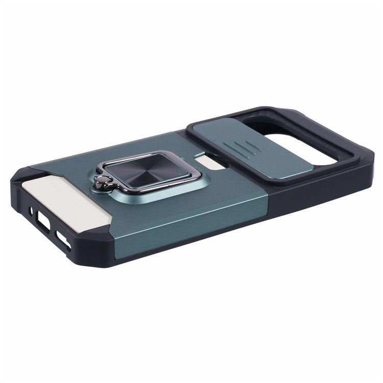 For Google Pixel 9 / Pixel 9 Pro Case Card Holder PC+TPU Kickstand Phone Cover with Lens Protection - Blackish Green