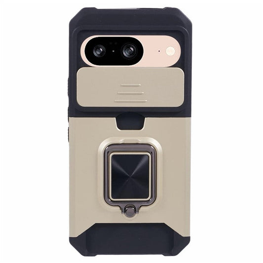 For Google Pixel 9 / Pixel 9 Pro Case Card Holder PC+TPU Kickstand Phone Cover with Lens Protection - Gold