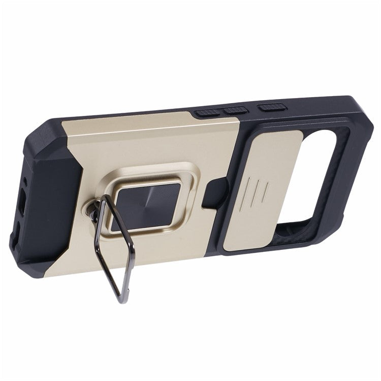 For Google Pixel 9 / Pixel 9 Pro Case Card Holder PC+TPU Kickstand Phone Cover with Lens Protection - Gold