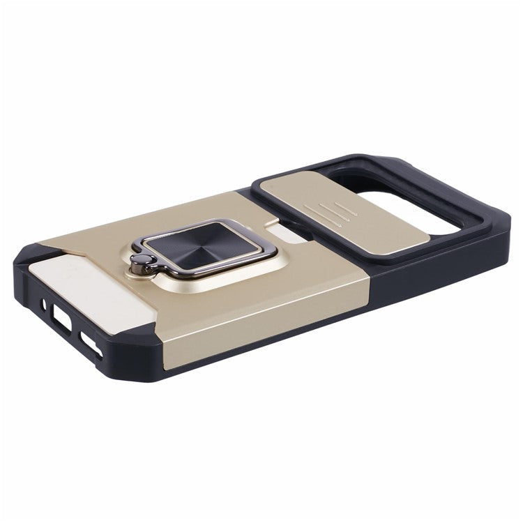 For Google Pixel 9 / Pixel 9 Pro Case Card Holder PC+TPU Kickstand Phone Cover with Lens Protection - Gold