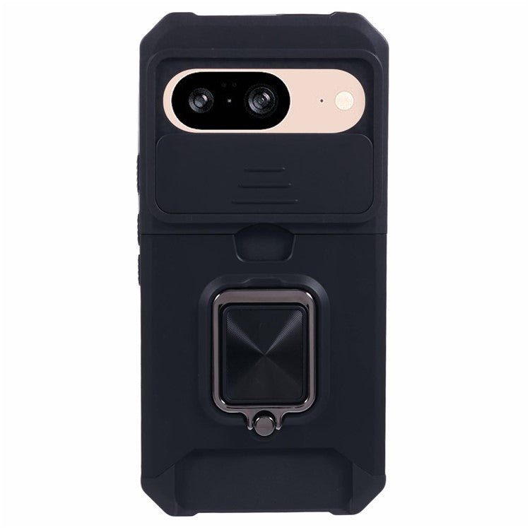 For Google Pixel 9 / Pixel 9 Pro Case Card Holder PC+TPU Kickstand Phone Cover with Lens Protection - Black