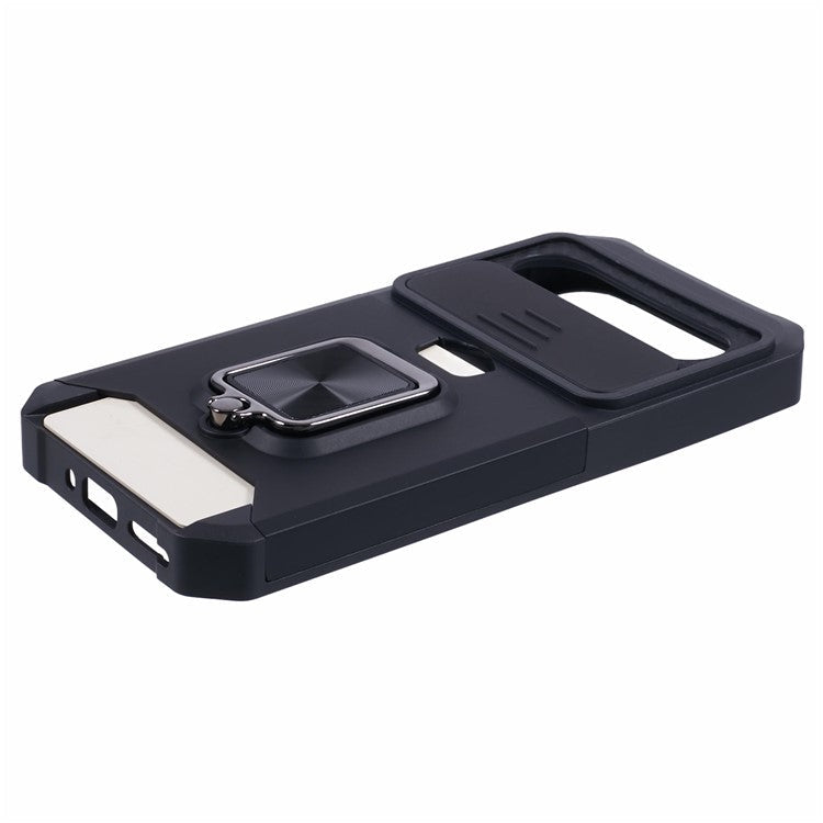 For Google Pixel 9 / Pixel 9 Pro Case Card Holder PC+TPU Kickstand Phone Cover with Lens Protection - Black