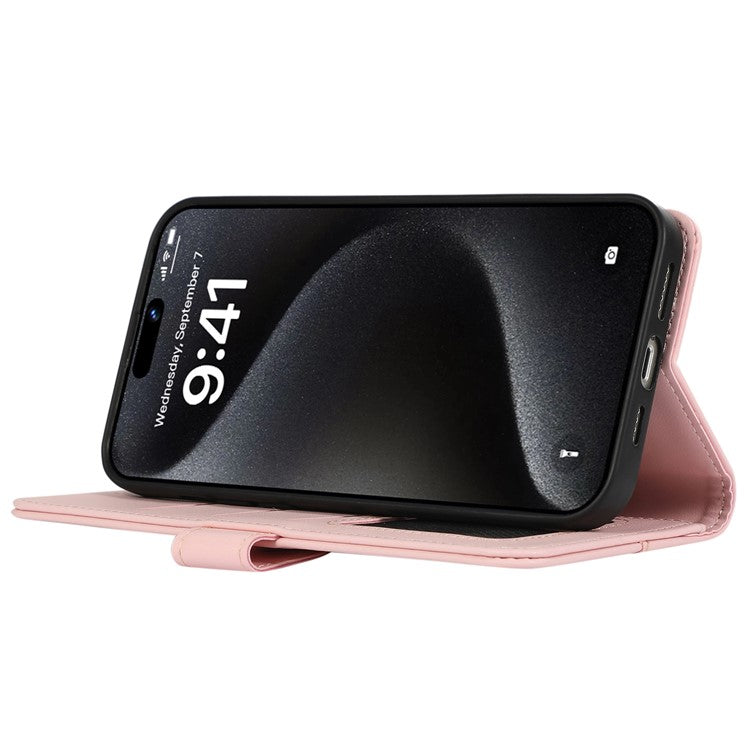 For iPhone 16 Case RFID Blocking Card Slots Leather Stand Phone Cover - Pink