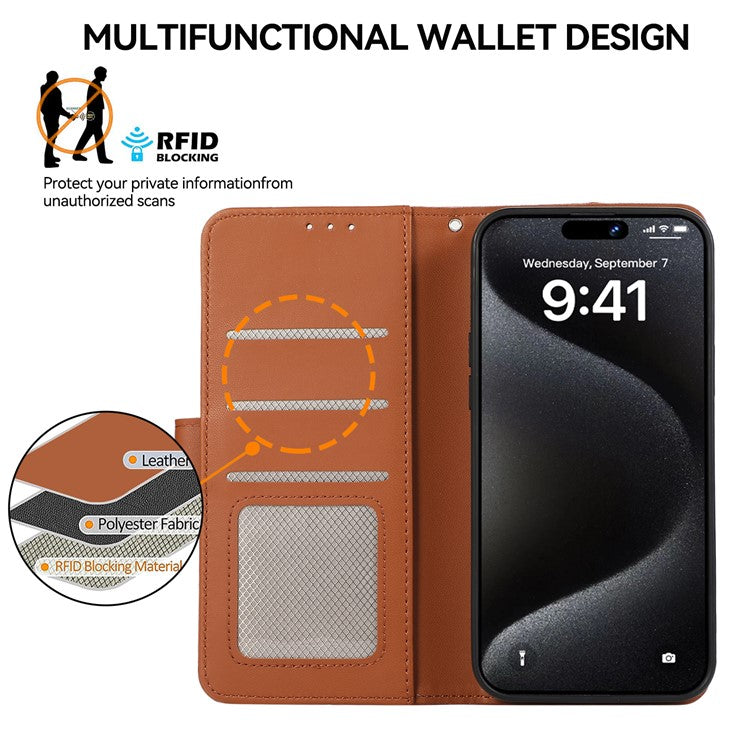 For iPhone 16 Plus Case RFID Blocking Flip Leather Phone Cover - Brown