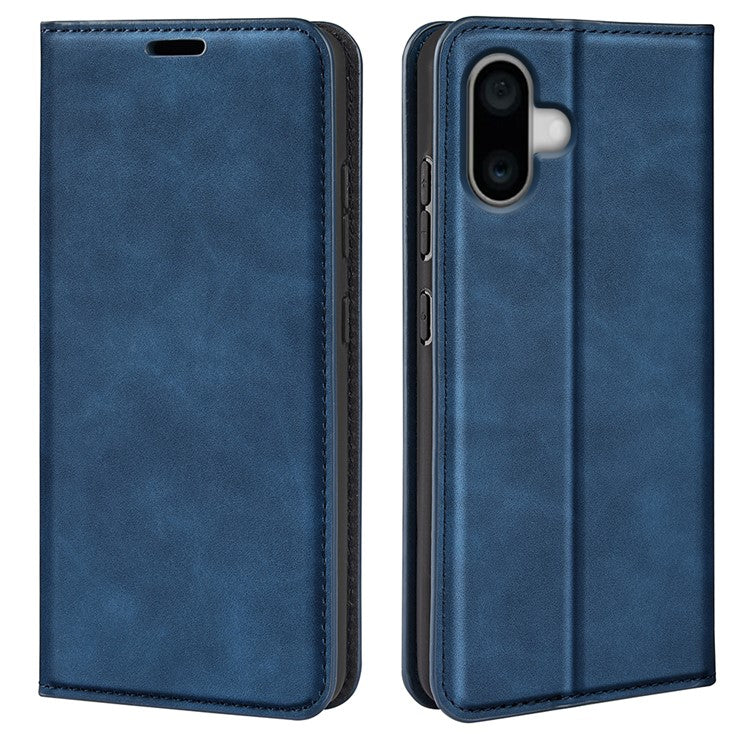 For iPhone 16 Plus Case Skin-Feel PU Leather Phone Cover Folding Stand Magnetic Absorption - Blue