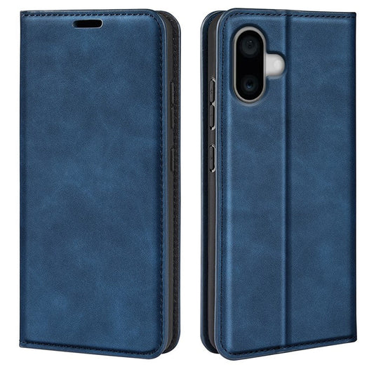 For iPhone 16 Plus Case Skin-Feel PU Leather Phone Cover Folding Stand Magnetic Absorption - Blue