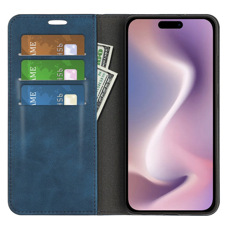 For iPhone 16 Plus Case Skin-Feel PU Leather Phone Cover Folding Stand Magnetic Absorption - Blue