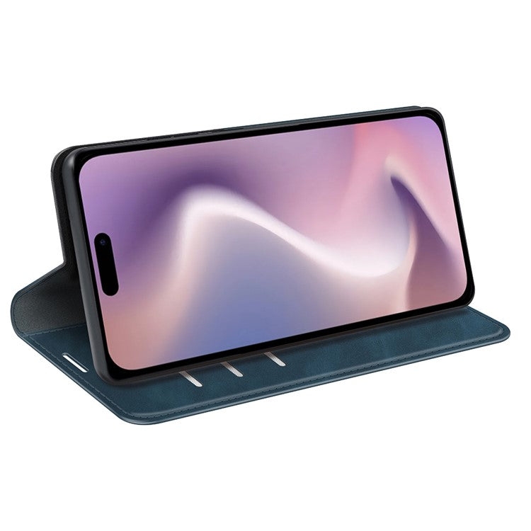 For iPhone 16 Plus Case Skin-Feel PU Leather Phone Cover Folding Stand Magnetic Absorption - Blue
