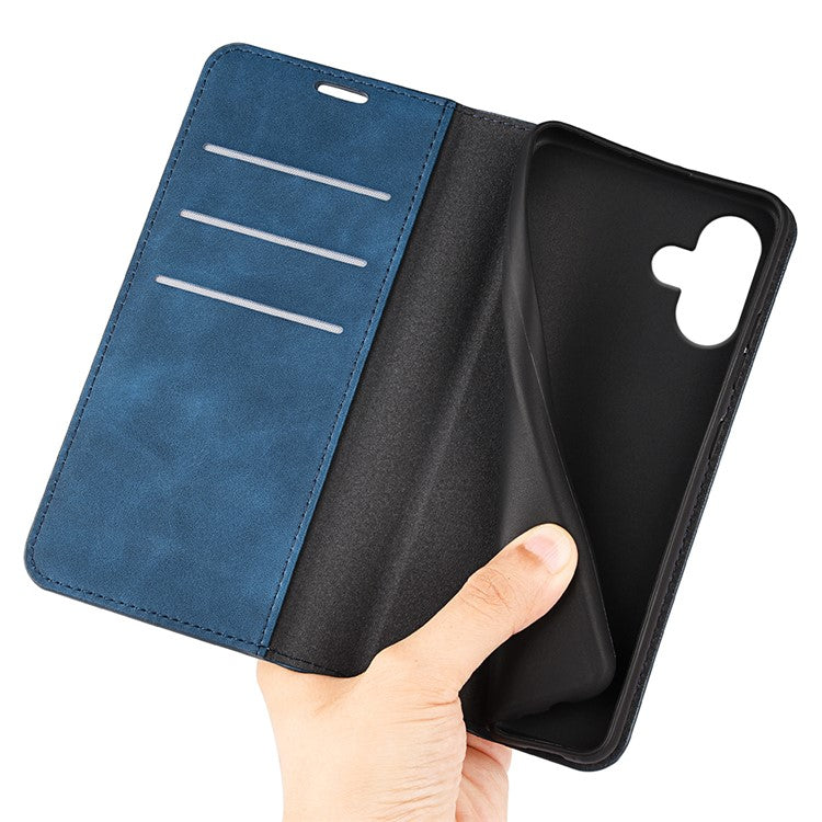 For iPhone 16 Plus Case Skin-Feel PU Leather Phone Cover Folding Stand Magnetic Absorption - Blue