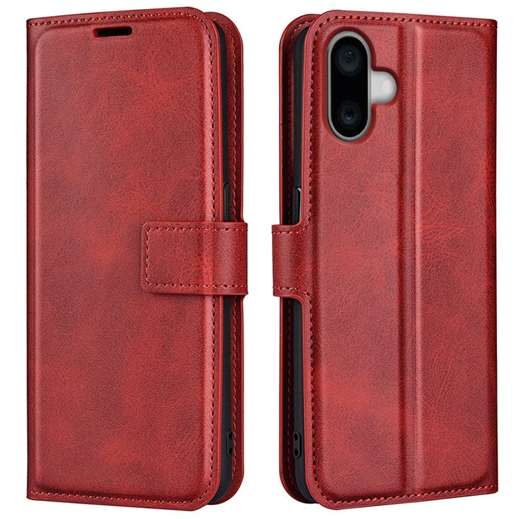 For iPhone 16 Plus Case Calf Texture PU Leather Phone Cover with Card Holder Stand - Red