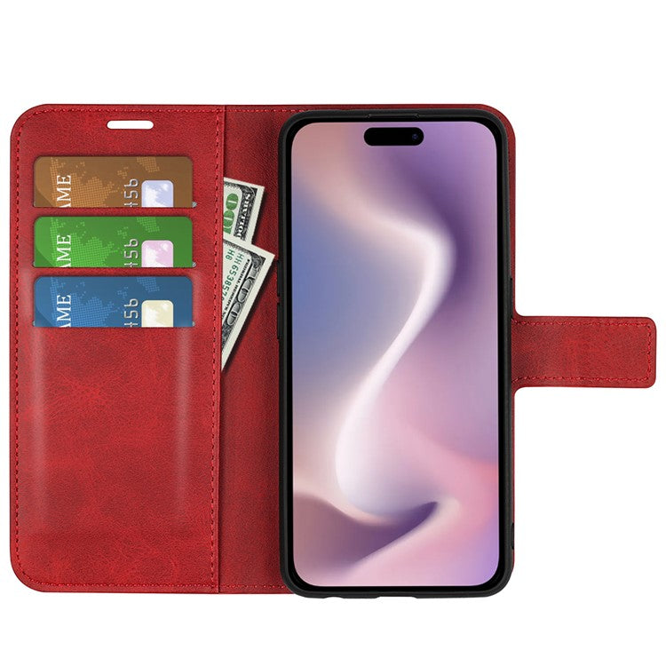 For iPhone 16 Plus Case Calf Texture PU Leather Phone Cover with Card Holder Stand - Red
