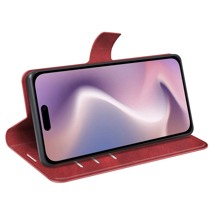 For iPhone 16 Plus Case Calf Texture PU Leather Phone Cover with Card Holder Stand - Red