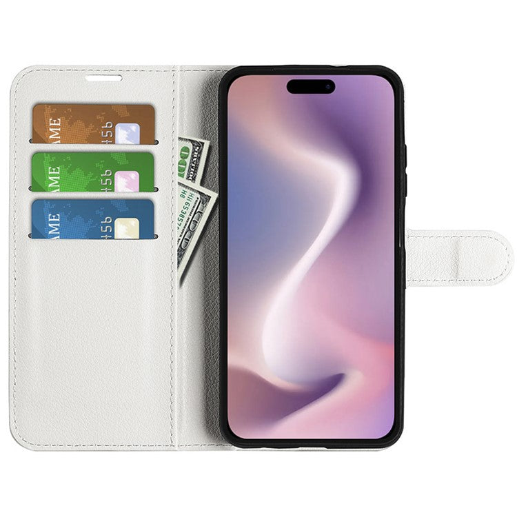 For iPhone 16 Plus Case Litchi Texture Leather Phone Cover Horizontal Viewing Stand - White