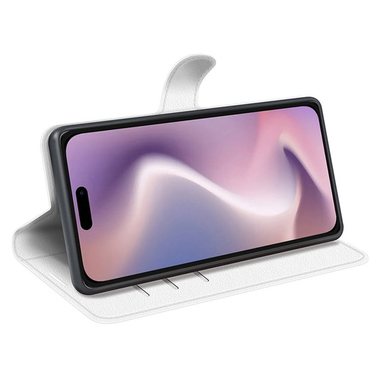 For iPhone 16 Plus Case Litchi Texture Leather Phone Cover Horizontal Viewing Stand - White