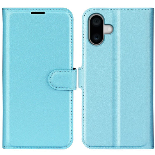 For iPhone 16 Plus Case Litchi Texture Leather Phone Cover Horizontal Viewing Stand - Blue