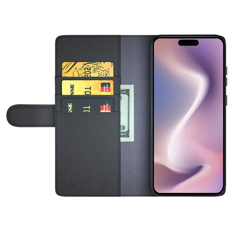 For iPhone 16 Case Genuine Split Leather Phone Cover Wallet Card Slot - Black